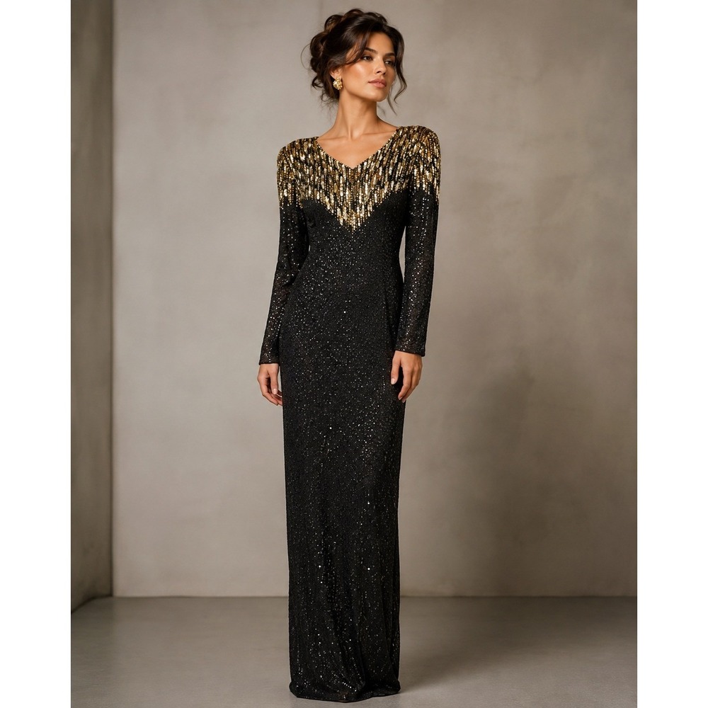 Vintage Stenay Black Gold Silk Beaded Sequin Gown Womens Formal Maxi